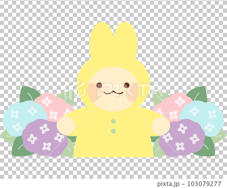 穿黃色雨衣的兔子的半身像和繡球花 103079277