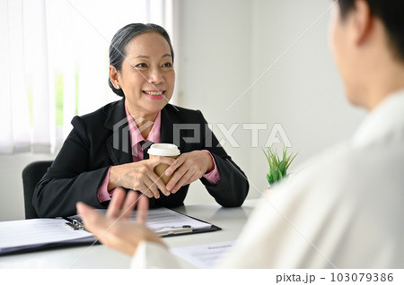 A senior Asian businesswoman or female recruiter interview a male candidate in the office. A senior Asian businesswoman or female recruiter interview a male candidate in the office. 103079386