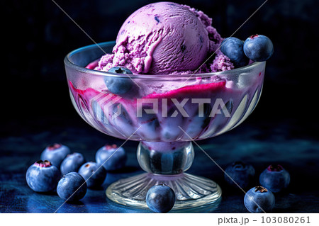 Scrumptious Blueberry Ice Cream Scoops in a Glass Container. created with Generative AI Scrumptious Blueberry Ice Cream Scoops in a Glass Container. created with Generative AI 103080261