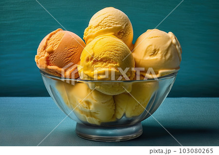 Delectable Mango Ice Cream Scoops in a Glass Container. created with Generative AI 103080265
