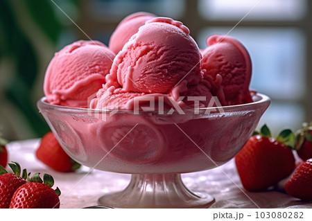 Scrumptious Strawberry Ice Cream Scoops in a Glass Container. created with Generative AI 103080282