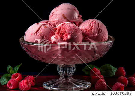 Scrumptious Raspberry Ice Cream Scoops in a Glass Container. created with Generative AI Scrumptious Raspberry Ice Cream Scoops in a Glass Container. created with Generative AI 103080295