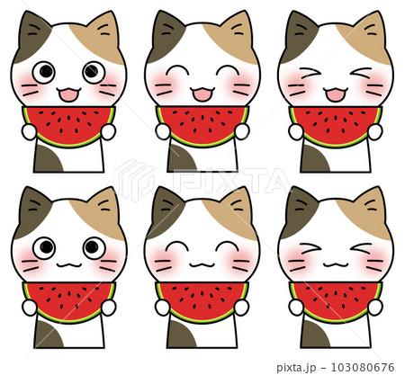笑顔でスイカを手に持つ三毛猫のイラスト6表情セット 103080676