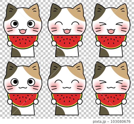 笑顔でスイカを手に持つ三毛猫のイラスト6表情セット 103080676