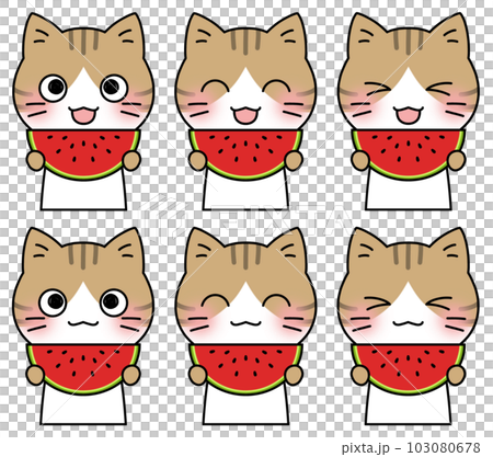 Illustration 6 facial expression set of a pheasant cat holding a watermelon with a smile 103080678