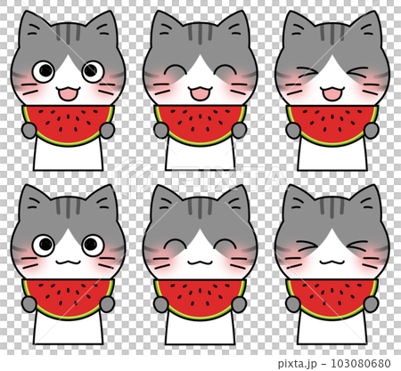 Illustration 6 facial expression set of a mackerel cat holding a watermelon with a smile 103080680
