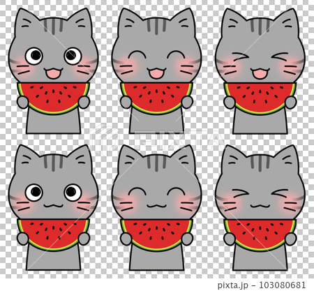 Illustration 6 facial expression set of a mackerel cat holding a watermelon with a smile 103080681