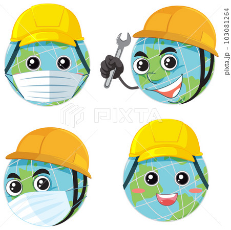 Cartoon earth globes wearing hard hat 103081264