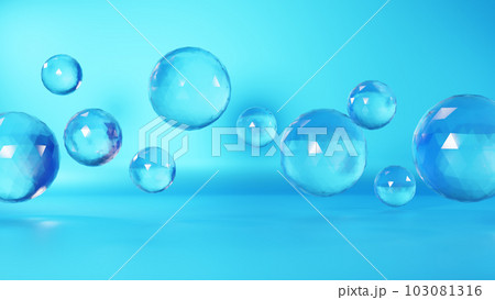 水色背景に宙に浮く球体の透明ガラス。（横長） 103081316
