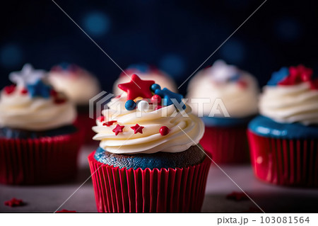 Patriotic Delights: Red, White, and Blue Cupcakes for 4th July Celebration. created with Generative AI Patriotic Delights: Red, White, and Blue Cupcakes for 4th July Celebration. created with Generative AI 103081564