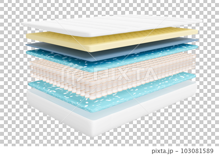 3d layered sheet material mattress with air fabric, pocket springs, natural latex, memory foam isolated. 3d render illustration 3d layered sheet material mattress with air fabric, pocket springs, natural latex, memory foam isolated. 3d render illustration 103081589