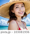 AI生成美女・ビーチでつばの大きい麦わら帽子をかぶり、カメラを見た美しい女性 103081936