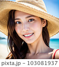 AI生成美女・ビーチでつばの大きい麦わら帽子をかぶり、カメラを見た美しい女性 103081937