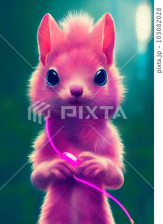 Pink Squirrel in an spring forest. A squirrel in nature in an spring park. Cute squirrel sitting on a tree branch. 3d rendering 103082028