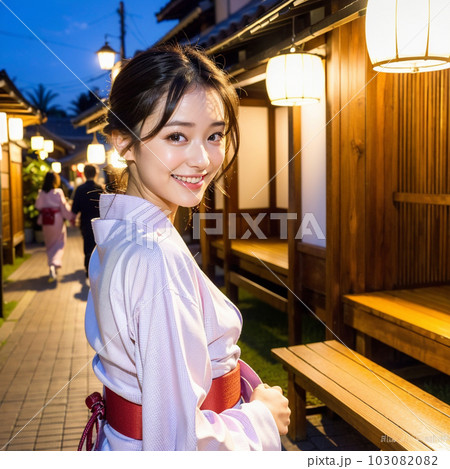 AI生成美女・浴衣を着て旅館街を散歩している様子 103082082
