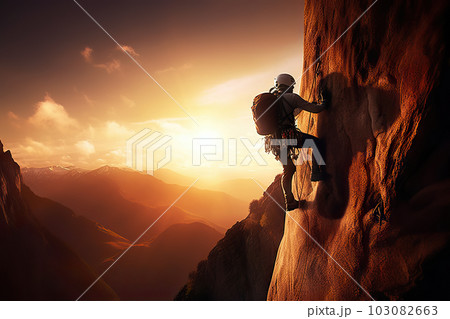 Determined Man Climbing the Mountain's Peak Against the Setting Sun, created with Generative AI 103082663
