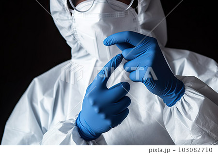 Safety First: Dedicated Doctor/Nurse Donning Protective Gloves in White Medical PPE Suit, created with Generative AI 103082710