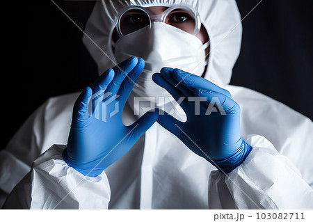 Safety First: Dedicated Doctor/Nurse Donning Protective Gloves in White Medical PPE Suit, created with Generative AI 103082711