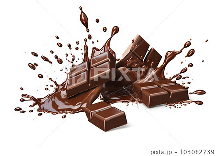 Decadent Chocolate Pieces Falling on Chocolate Sauce with Clipping Path on White Background, created with Generative AI Decadent Chocolate Pieces Falling on Chocolate Sauce with Clipping Path on White Background, created with Generative AI 103082739