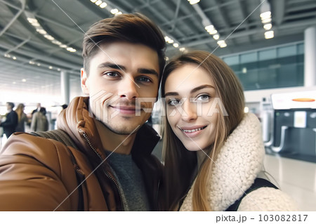 Adventurous Moments: Young Couple Travelers' Airport International Selfie, created with Generative AI 103082817