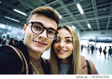 Adventurous Moments: Young Couple Travelers' Airport International Selfie, created with Generative AI 103082838