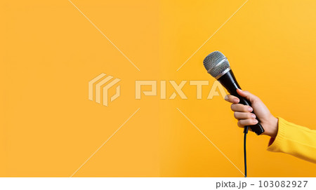 Hand Holding Microphone over Vibrant Yellow Background. created with Generative AI 103082927