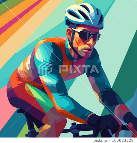 Multicolored athlete on a bicycle in glasses and a helmet on a colored background. For your design. Multicolored athlete on a bicycle in glasses and a helmet on a colored background. For your design. 103083529