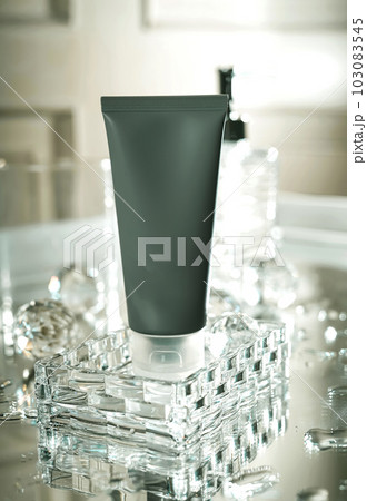 Unbranded blank cosmetics, soap, skincare, cream and shampoo packaging on a fresh background. Skincare female and male skincare products packaging on photo studio 103083545