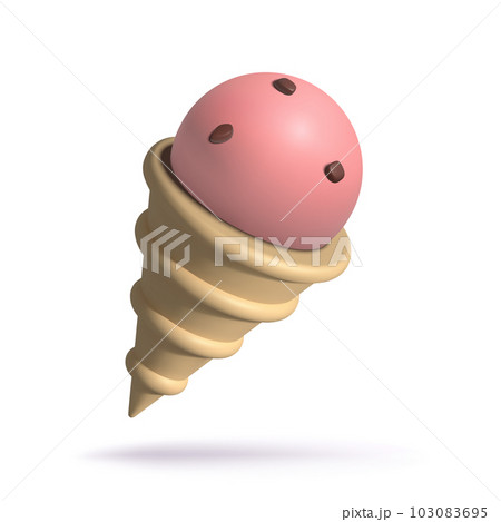 3d Ice Cream icon Strawberry flavor in Waffle Cone with chocolate chips 103083695