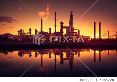 Twilight Glow Oil Refinery Plant Illuminating the Desert, Powering the Crude Oil Industry. created with Generative AI 103083720