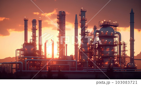 Twilight Glow Oil Refinery Plant Illuminating the Desert, Powering the Crude Oil Industry. created with Generative AI 103083721
