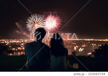 Magical Moments: Young Couple Enjoying Spectacular Fireworks Display Together. created with Generative AI Magical Moments: Young Couple Enjoying Spectacular Fireworks Display Together. created with Generative AI 103083784