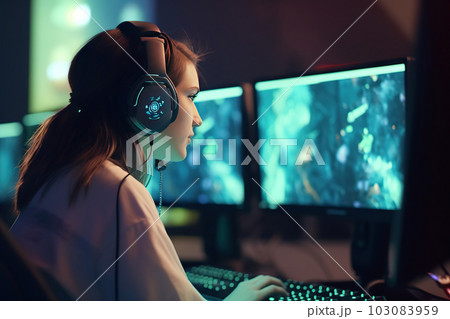 Woman Immersed in Esports, Wearing Headphones, and Engrossed in Gameplay on Screen Monitor. created with Generative AI 103083959