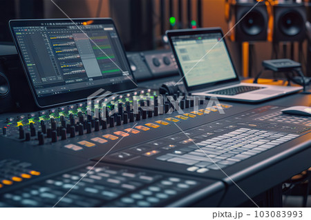 Music Production Modern Studio Control Desk with Powerful Audio Workstation Software. created with Generative AI 103083993
