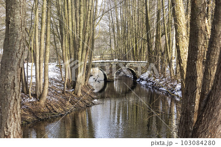 Old stone bridge in the form of eyes across a small stream in the park. 103084280