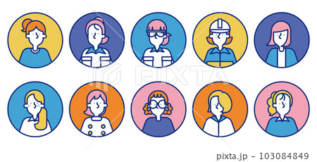 多種多様な職業の女性のシンプルなアイコンセットA（円形） 103084849