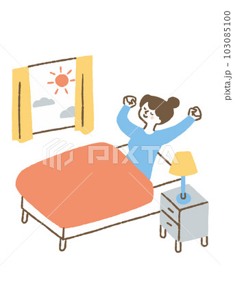 朝に起きて体を伸ばしている女性_色 103085100