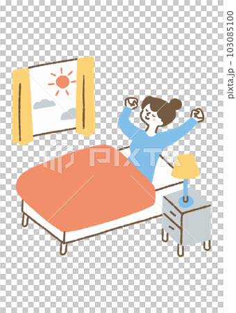 朝に起きて体を伸ばしている女性_色 103085100