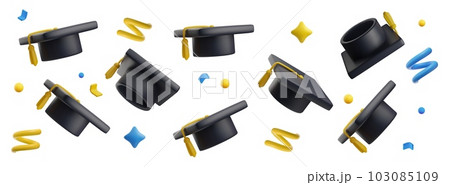 Set of flying graduation caps and confetti, 3d vector illustration isolated on white background. 103085109