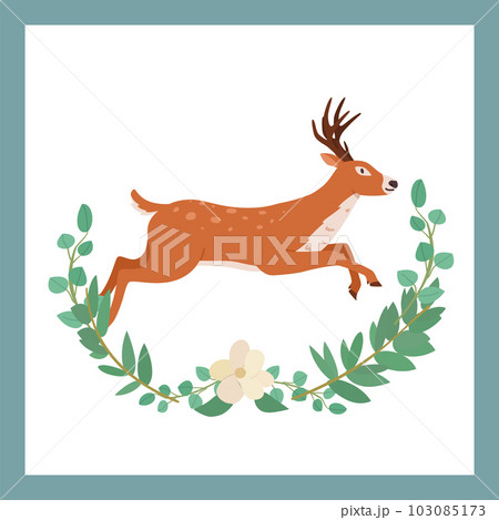 Running forest reindeer with vignette of green leaves, flat vector isolated. 103085173