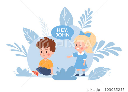 Boy with autism symptoms has problems with communication, flat vector illustration isolated on white. Boy with autism symptoms has problems with communication, flat vector illustration isolated on white. 103085235