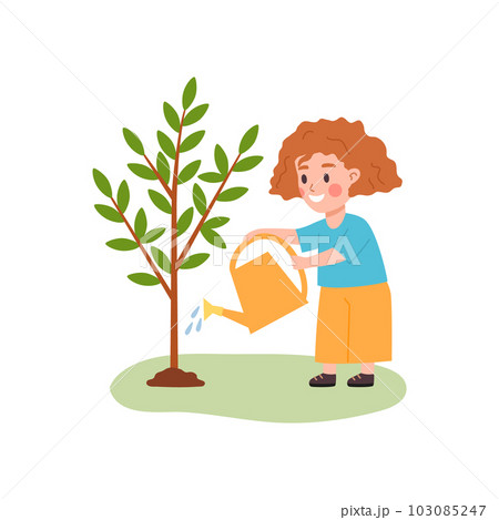 Child girl watering a tree from a watering can flat vector illustration isolated. Child girl watering a tree from a watering can flat vector illustration isolated. 103085247