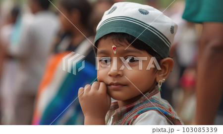Cute child of Indian nationality against background of tricolor flag of India, holiday, street of an Indian city. National holiday Cute child of Indian nationality against background of tricolor flag of India, holiday, street of an Indian city. National holiday 103085339