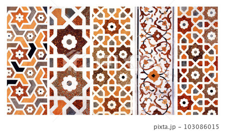 Set of vertical or horizontal banners with mosaic of amber, cornelian, jasper, lapis lazuli, onyx, topaz and marble. Ancient decorative ornament wall of Itimad-ud-Daula mausoleum, Agra, India 103086015
