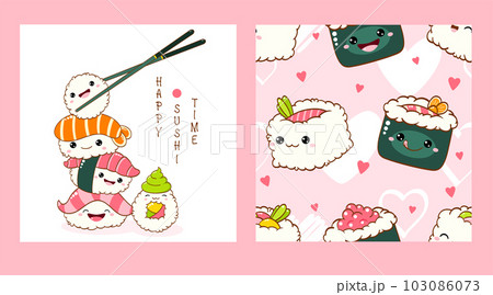 Set of seamless pattern and one print with cute sushi and roll in kawaii style. Endless texture can be used for textile pattern fills, t-shirt design Set of seamless pattern and one print with cute sushi and roll in kawaii style. Endless texture can be used for textile pattern fills, t-shirt design 103086073