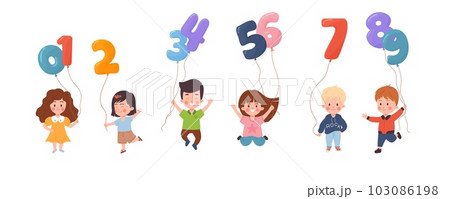 Set of cheerful kids holding balloons in forms of numbers from 0 to 9 flat style Set of cheerful kids holding balloons in forms of numbers from 0 to 9 flat style 103086198