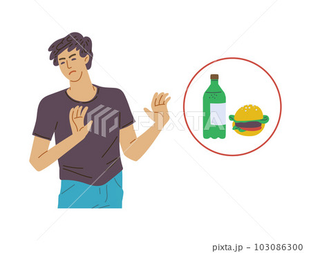 Man saying no and refusing unhealthy food, flat vector illustration isolated. 103086300