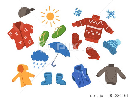 Seasonal kids clothes, cartoon flat vector illustration isolated on white background. Seasonal kids clothes, cartoon flat vector illustration isolated on white background. 103086361