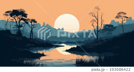 Landscape background with mountains and hills at sunset or sunrise, wallpaper, decor, print, Generated AI Landscape background with mountains and hills at sunset or sunrise, wallpaper, decor, print, Generated AI 103086422