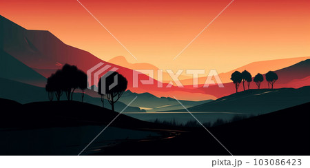 Landscape background with mountains and hills at sunset or sunrise, wallpaper, decor, print, Generated AI 103086423